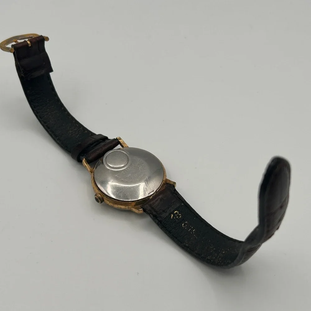 Vtg‎ Timex Electric Mens Watch Gold Tone Champagne Dial Brown Leather FOR REPAIR